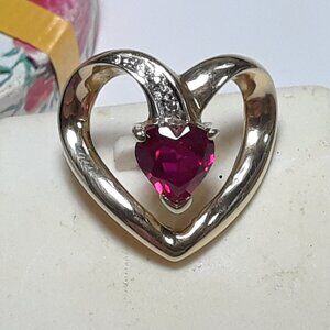 1.0ct Lab Created Heart Cut Ruby Diamond Open Heart 10K Y/Gold Slide Pend #20273